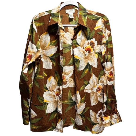 Jones New York SPORT 100% Cotton Floral Tropical Long Sleeve Button Top Medium - Picture 1 of 15